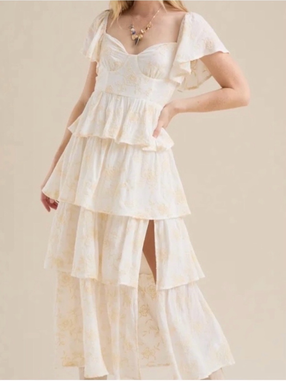 Altar'd State Cream Tiered Midi Dress with Subtle Floral